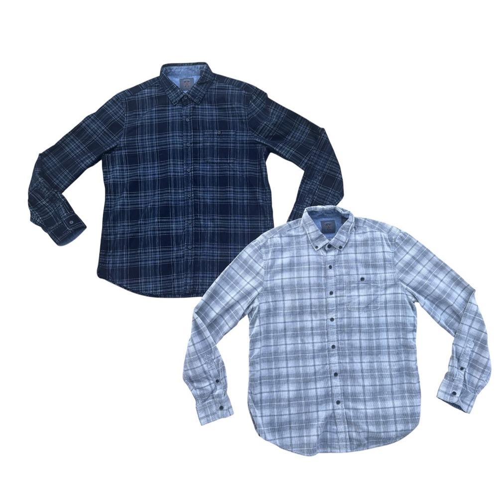 Copper & Oak Mens Large‎ Corduroy Plaid Button Down Shirt Set 2-Pack Navy Grey